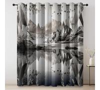 Blackout Curtains White Gray, Modern Geometric Mountains Rivers Printed, Thermal Insulated Curtains for Bedroom, Eyelet Window Treatments for Living Room, Grommet Drapes 2 Panels 46 × 72 Inch