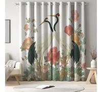 Blackout Curtains White Window Drapes with Oriental Style Animals Crane Printed Thermal Insulated Window Curtain Panels Adjustable Thermal Insulated Noise Reducing Curtains of 90 x 72 Inch