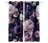 Blackout Curtains with Eyelet 3D Vintage Purple Flowers Rose Plant Pattern Polyester Soft Thermal Insulated Curtain Drapes for Bedroom Living Dining Room Kitchen Window Decor W120 x H140 cm, 2 Panels