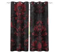 Blackout Curtains with Eyelet W120 x H140 cm 3D Red Retro Geometric Floral Printing Polyester Thermal Insulated Curtain Drapes for Bedroom Living Room Children's Room Window Decorate, 2 Panels