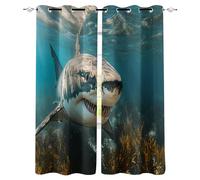Blackout Curtains with Eyelet W120 x H140 cm 3D Sea Shark Animal Printing Polyester Thermal Insulated Curtain Drapes for Bedroom Living Room Children's Room Window Decorate, 2 Panels