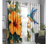 Blackout Curtains with Floral and Kingfisher Prints, 2 Pieces Orange Color Polyester Curtains with Eyelets, Each 46 X 54 Inch, Watercolor Style Room Darkening Curtain Drapes for Living Room Bedroom