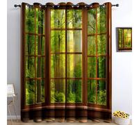 Blackout Curtains with Print Yellow-Green, Forest View Outside The Window Super Soft Thermal Insulated Grommet Drapes, Energy Curtains for Living Room Bedroom Dining Office, 66 x 72 Inch, 2 Panels
