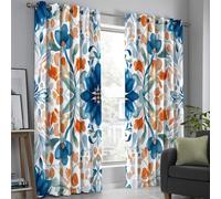 Blackout Curtains With Watercolor Floral Pattern, 2 Pieces Blue Polyester Curtains With Eyelets, Each 46 X 54 Inch, Art Deco Style Room Darkening Curtain Drapes For Living Room Bedroom