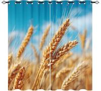 Blackout Eyelet Curtains 2 Panels W 36" x L 84" Golden Wheat Ears Thermal Insulated Drapes for Bedroom, Blue Soft Washable Anti-fade Opaque Curtains for Living Room/Kitchen