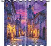 Blackout Eyelet Curtains 2 Panels W 46" x L 54" European-Style Architecture At Night Thermal Insulated Drapes for Bedroom, Purple Soft Washable Anti-fade Opaque Curtains for Living Room/Kitchen