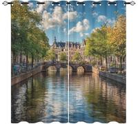 Blackout Eyelet Curtains 2 Panels W 46" x L 54" Netherlands Architecture Landscape Thermal Insulated Drapes for Bedroom, Natural Scenery Soft Washable Anti-fade Opaque Curtains for Living Room/Kitchen