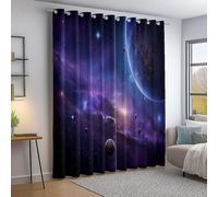 Blackout Eyelet Curtains, Art Deco Style Space Galaxies Planets Pattern Thermal Lined Printed Drapes - W 52" x L 63" (2 Panels) for Bedroom Living Room Window Dark Purple