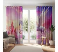 Blackout Eyelet Curtains W 27.5" x L 63" 2 Panels, Thermal Insulated Sound Insulation Fantasy Castle Cute Clouds Unicorn Printed Curtains Suitable for Bedroom and Living Room Pink