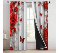 Blackout Eyelet Red Curtains Thermal Insulated Noise Reducing, Butterfly Roses Super Soft Curtains W 29.5" x L 65" (2 Panels) for Living Room Bedroom Soundproof Drapes