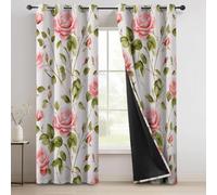 Blackout Eyelet Vintage Style Curtains Thermal Insulated Noise Reducing, Pink Roses Super Soft Curtains W 29.5" x L 65" (2 Panels) for Living Room Bedroom Soundproof Drapes