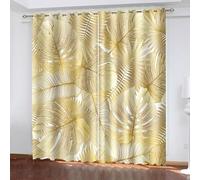 Blackout Leaf Pattern Curtains Yellow & Black Polyester Drapes Set of 2 Panels 68x45 inches Energy Efficient Window Treatments for Living Room & Bedroom