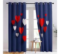 Blackout Minimalism Romance Red Hearts Print Window Curtains, W 46.1" x L 54.3" Thermal Insulated Curtains for Bedroom Dark Blue Eyelet Window Treatments - 2 Panels