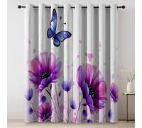 Blackout Noise Reducing Eyelet Curtains for Bedroom, Simple Flowers Butterfly Elegant Printed decorative, 46 × 72 Inch 2 Panels, Purple White Thermal Insulated Curtains for Bedroom