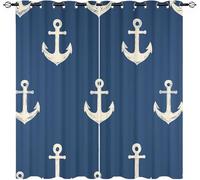 Blackout Polyester Curtains 46" W x 72" L x 2 Panels Nautical Anchor Print Soft Drapes for Bedroom, Window Eyelet Curtains Thermal Insulated Darkening Blue Drapes for Living Room Decoration
