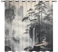 Blackout Polyester Curtains 66"W x 90"L x 2 Panels Chinese Ink Painting Soft Drapes for Bedroom, Window Eyelet Curtains Thermal Insulated Darkening Grey Drapes for Living Room Decoration