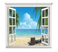 Blackout Roller Blinds with Sea and Sand Pattern Sun proof Window Blind for Complete Darkness Available in 60cm 80cm 100cm 120cm and 140cm Widths