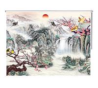 Blackout Roller Shades - Floral & Mountain Pattern Extra Wide Window Blinds for Kitchen Bathroom Office - Easy Install (140cm x 220cm / 4.6ft x 7.2ft)