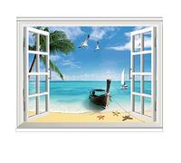 Blackout Roller Shades, Thermal Insulated Window Blinds for Bathroom, Living Room, Kitchen, Office, Easy to Install with Beach Sea View Pattern