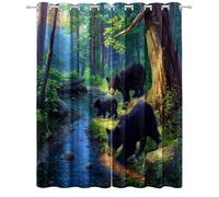 Blackout Surreal Forest Animal Bear Print Window Curtains, W 55.1" x L 102.4" Thermal Insulated Curtains for Bedroom Green Eyelet Window Treatments - 2 Panels
