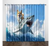 Blackout Window Curtains 3D Creative Style Soundproof Thermal Insulation Set of 2 Panels W182 x L213 CM Waves Corgi Shark Window Drapes With Grommet for Home Rental House Office Dormitory
