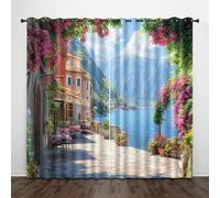 Blackout Window Curtains 3D European Style Soundproof Thermal Insulation Set of 2 Panels W59 x L137 CM Mountains Sea Flowers Cafe Window Drapes With Grommet for Home Rental House Office Dormitory