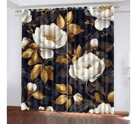 Blackout Window Curtains 3D Floral Soundproof Thermal Insulation Set of 2 Panels W70 x L160 CM White Flowers Gold Leaves Window Drapes With Grommet for Home Rental House Office Dormitory