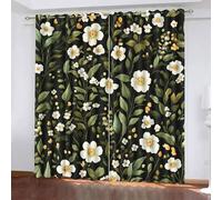 Blackout Window Curtains 3D Natural Style Soundproof Thermal Insulation Set of 2 Panels W117 x L229 CM White Flowers Green Leaves Window Drapes With Grommet for Home Rental House Office Dormitory