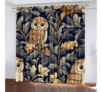 Blackout Window Curtains 3D Natural Style Soundproof Thermal Insulation Set of 2 Panels W59 x L137 CM Gray Leaves Owls Window Drapes With Grommet for Home Rental House Office Dormitory