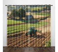Blackout Window Curtains 3D Pastoral Soundproof Thermal Insulation Set of 2 Panels W85 x L200 CM Village Farmland Green Tractor Window Drapes With Grommet for Home Rental House Office Dormitory