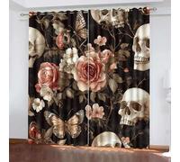 Blackout Window Curtains 3D Retro Style Soundproof Thermal Insulation Set of 2 Panels W140 x L260 CM Pink Flowers Skull Butterfly Window Drapes With Grommet for Home Rental House Office Dormitory