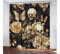 Blackout Window Curtains 3D Retro Style Soundproof Thermal Insulation Set of 2 Panels W140 x L260 CM Skull Butterfly Yellow Flowers Window Drapes With Grommet for Home Rental House Office Dormitory