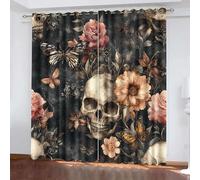 Blackout Window Curtains 3D Retro Style Soundproof Thermal Insulation Set of 2 Panels W70 x L160 CM Flowers Skull Butterfly Window Drapes With Grommet for Home Rental House Office Dormitory