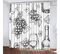 Blackout Window Curtains 3D Sketch Style Soundproof Thermal Insulation Set of 2 Panels W140 x L260 CM Black White Grapes Wine Bottle Window Drapes With Grommet for Home Rental House Office Dormitory