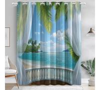 Blackout Window Curtains Natural Island Beach Printed Darkening Grommet Drapes, Blue Green Curtain for Nursery Boys Girls Bedroom Living Room W 66" x L 90" (2 Panels)