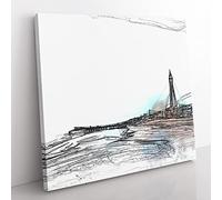 Blackpool Tower & Beach in Abstract Modern Canvas Wall Art Print Ready to Hang, Framed Picture for Living Room Bedroom Home Office Décor, 50x50 cm (20x20 Inch)