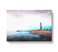 Blackpool Tower & Beach Painting Modern Art Canvas Wall Art Print Ready to Hang, Framed Picture for Living Room Bedroom Home Office Décor, 76x50 cm (30x20 Inch)