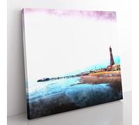 Blackpool Tower & Beach Painting Modern Canvas Wall Art Print Ready to Hang, Framed Picture for Living Room Bedroom Home Office Décor, 50x50 cm (20x20 Inch)