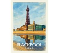 Blackpool Tower Beach Reflection Art Print, England Travel Poster, Watercolour Landscape Wall Decor. Size A4