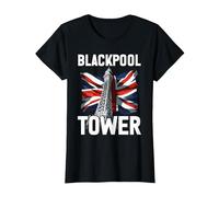 Blackpool Tower + British Flag T-Shirt, Women, Black, Medium