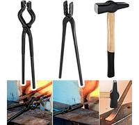 Blacksmith Tongs+Hammer Set Knife Making Tongs Wolf Jaw V-Bit Tongs Starter Beginner Bladesmith Metalworking Forge Anvil Vise Tool 0000811-1000 (3 PCS)