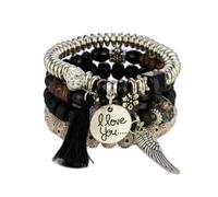 Blacktree Marektplace Bohemian Multilayer Tassel Women's Bracelet w/I Love You and Angel Wing Charms, M, Metal, Glass, Zinc, Acrylic, crystal