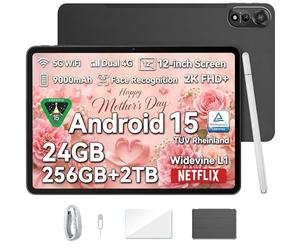 Blackview MEGA 2 Tablet 12 Inch Android 15, 8GB RAM 256GB ROM 2TB Expand, 4G LTE Dual SIM Tablet PC, 9000mAh Battery 18W Fast Charge, 1200x2000 IPS Display, GPS WiFi Bluetooth, Grey
