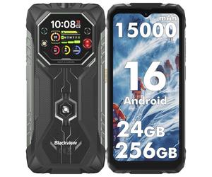 Blackview ROCK 1 Rugged Smartphone Android 16, 15000mAh 33W Rugged Phone Unlocked, 24GB + 256GB, Dual AI Cameras + 20MP Night Vision, 6.56" HD+ 2.01" Dual-Screen, IP69K/NFC/Glove Mode Waterproof Phone