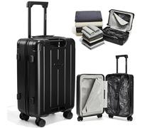 BlackVoyage Air Vacuum Seal Suitcase Carry-On 20-Inch Travel Luggage USB Port 20" AirCabin Air Compression Pump - Hinomoto Wheels, Matte Black, 50L Capacity (1 Vacuum Bag), Aircabin™ Pro