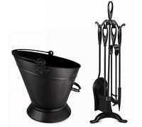 BLADO 5Pc Fireplace Tools Coal Bunker Long Burner Accessories Fireside Companion Set Indoor/Outdoor Fire Pit Stand Shovel Antique Brush Chimney Poker (Warwick Fireplace + Waterloo Bucket)