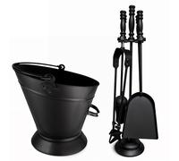 BLADO 5Pc Fireplace Tools Coal Bunker Long Burner Accessories Fireside Companion Set Indoor/Outdoor Fire Pit Stand Shovel Antique Brush Chimney Poker (Milan Fireplace + Waterloo Bucket)