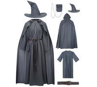 Blafly Wizard Costume Men 5PCS Gray Sorcerer Robe Costumes Adult Medieval Halloween Cosplay Party Outfit Cloak Hat Belt Bag, Gray, 3XL