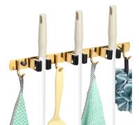 BLAGAIN 3 Racks and 4 Heavy Duty Hooks Mop and Broom Holder Wall Mount, Non-slip Organizer Storage Tool Racks for Garage,Kitchen,Closet, Laundry Room,Garden. Gold