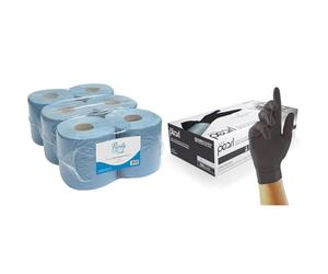 Blake & White PS1214 Purely Smile Centrefeed Rolls 2Ply 400 Sheet Blue Pack of 6 & Unigloves Black Pearl Nitrile Examination Gloves - Multipurpose, Powder Free and Latex Free Disposable Gloves
